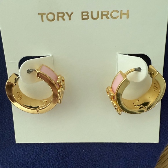 Tory Burch Gold Plated and Pink Enamel Logo Hoop Earrings - Picture 2 of 5